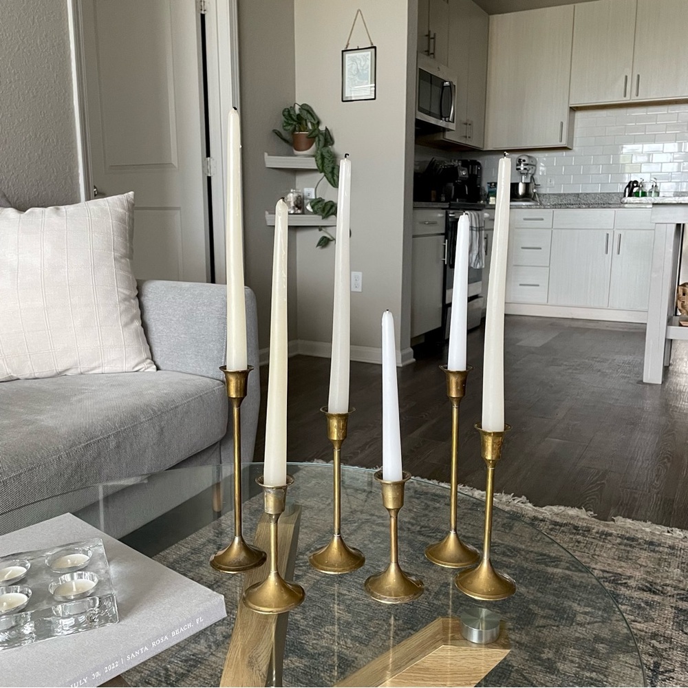 Set of 6 Solid Brass Candlestick Holders — 5”, 7”, 9” Tall